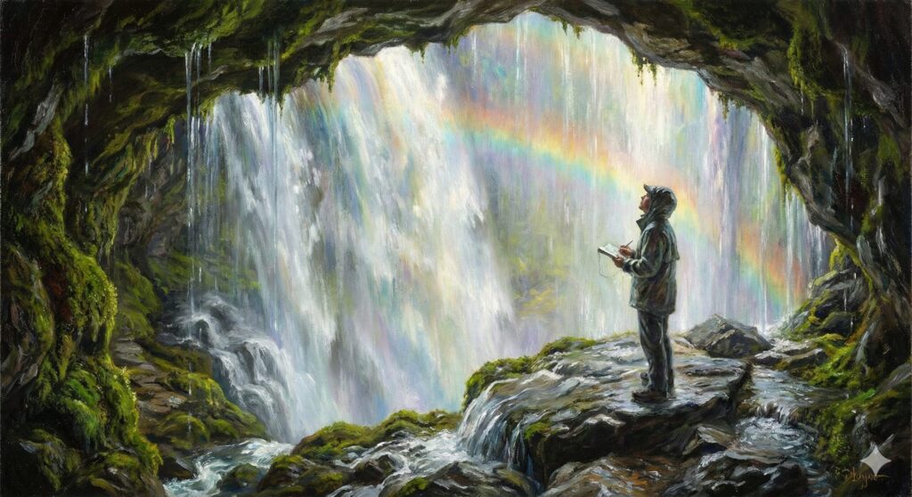 滝の裏側から観察している絵