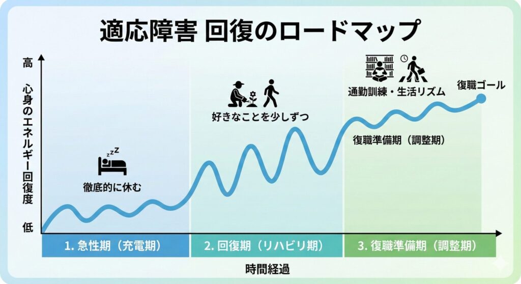 適応障害の回復プロセスを示す3段階の図解