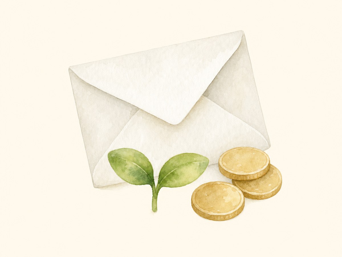 白い封筒と数枚の硬貨、小さな双葉の水彩イラスト
