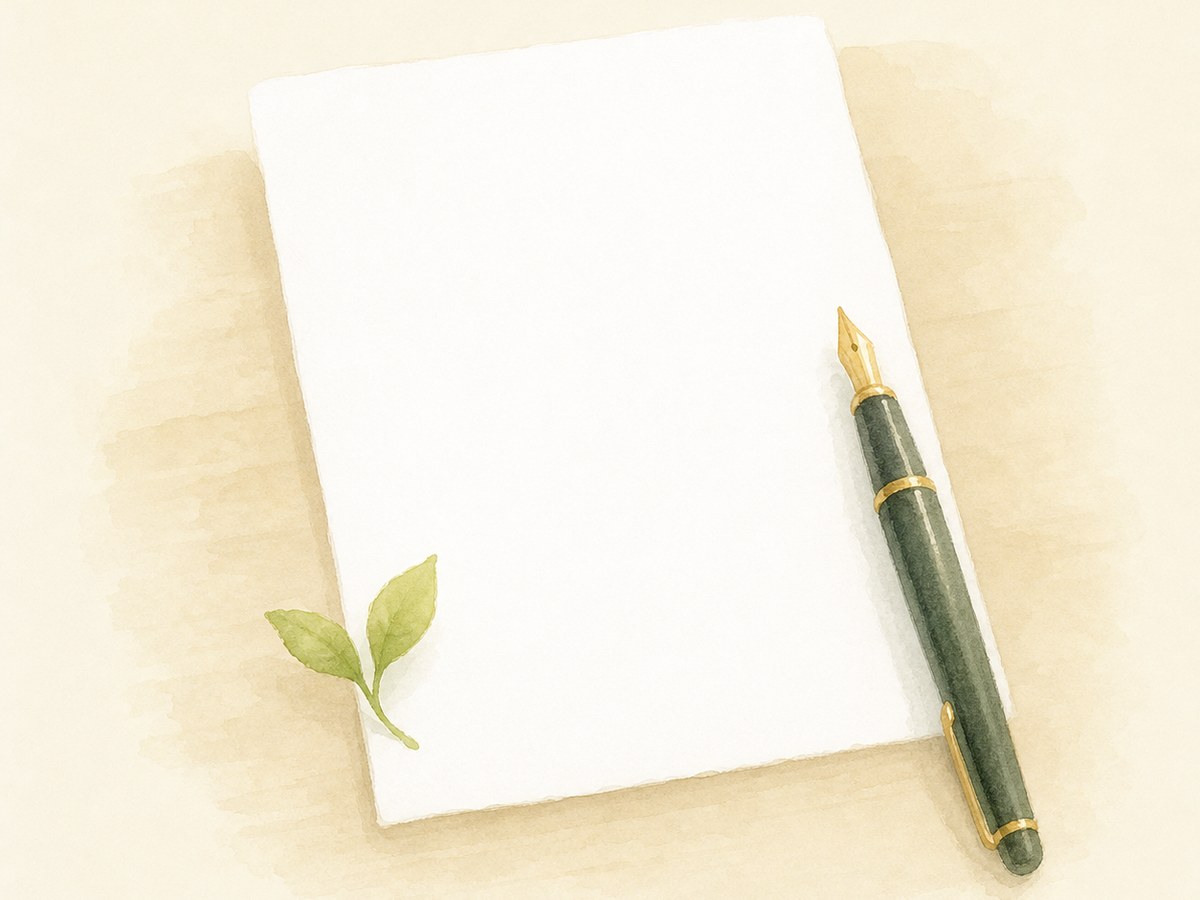 机の上に置かれた白い書類と万年筆、双葉の水彩イラスト