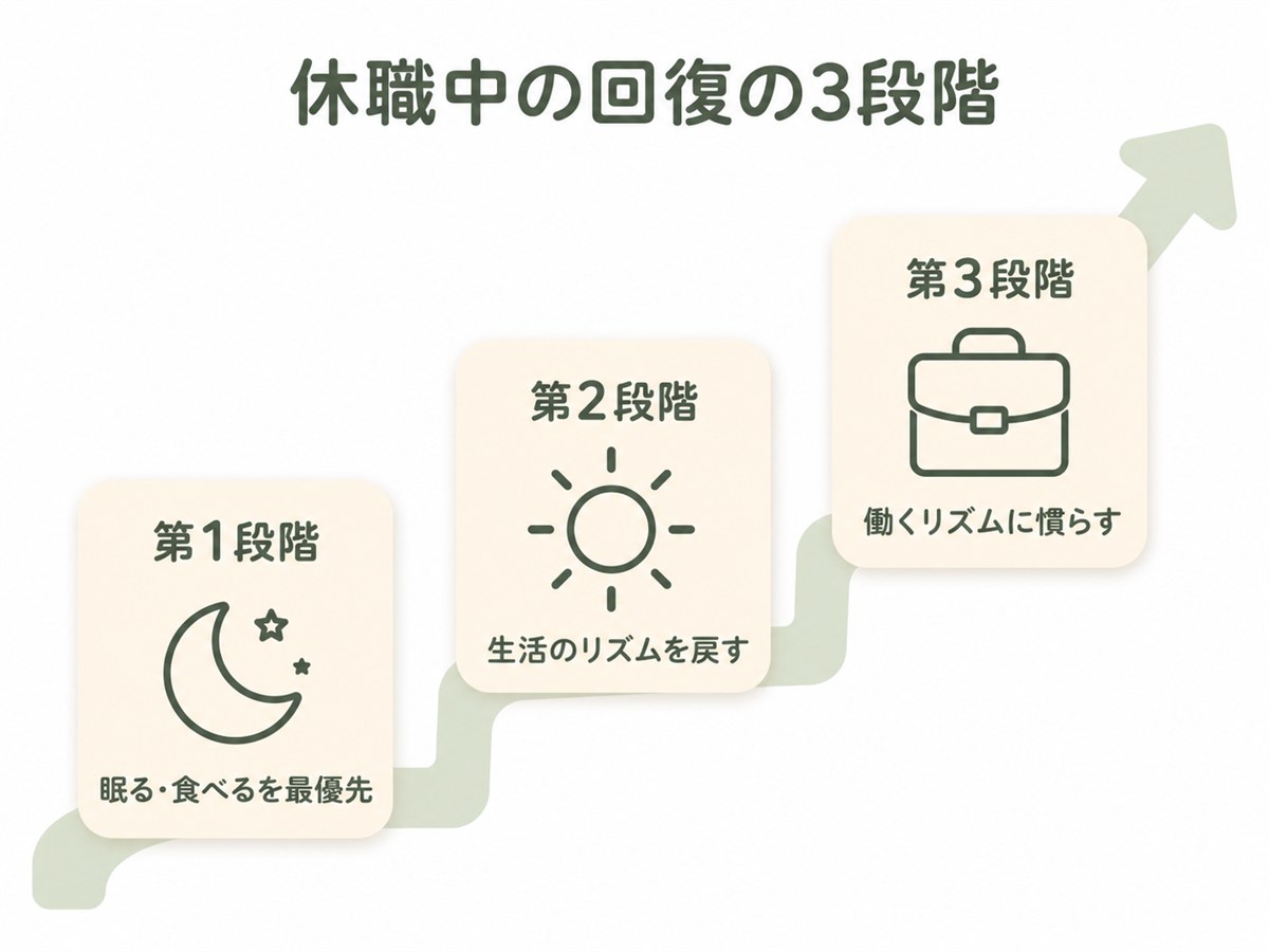 休職中の回復の3段階の図解。第1段階は眠る・食べるを最優先、第2段階は生活のリズムを戻す、第3段階は働くリズムに慣らす